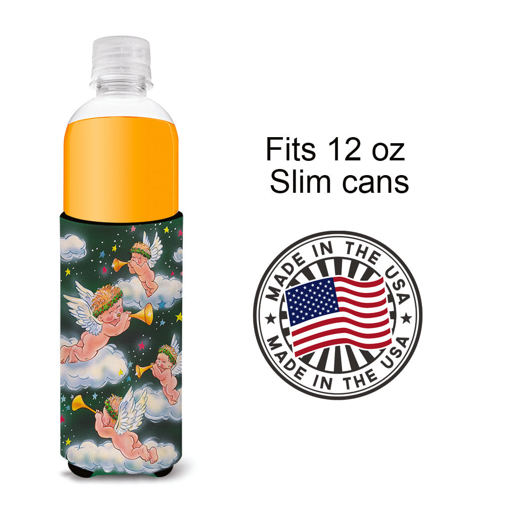 Angels on Green Slim Can Hugger , Insulated Foam Hugger for 12 oz Slim Cans, Beer Bottles & Water Bottles, Printed in USA