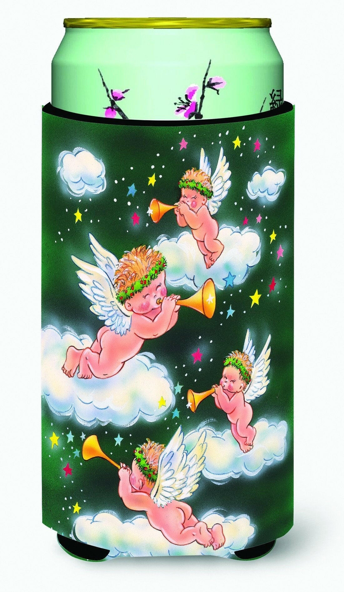 Angels on Green Tall Boy Hugger Can Cooler Sleeve Machine Washable Drink Collapsible Insulator Beverage Insulated Holder
