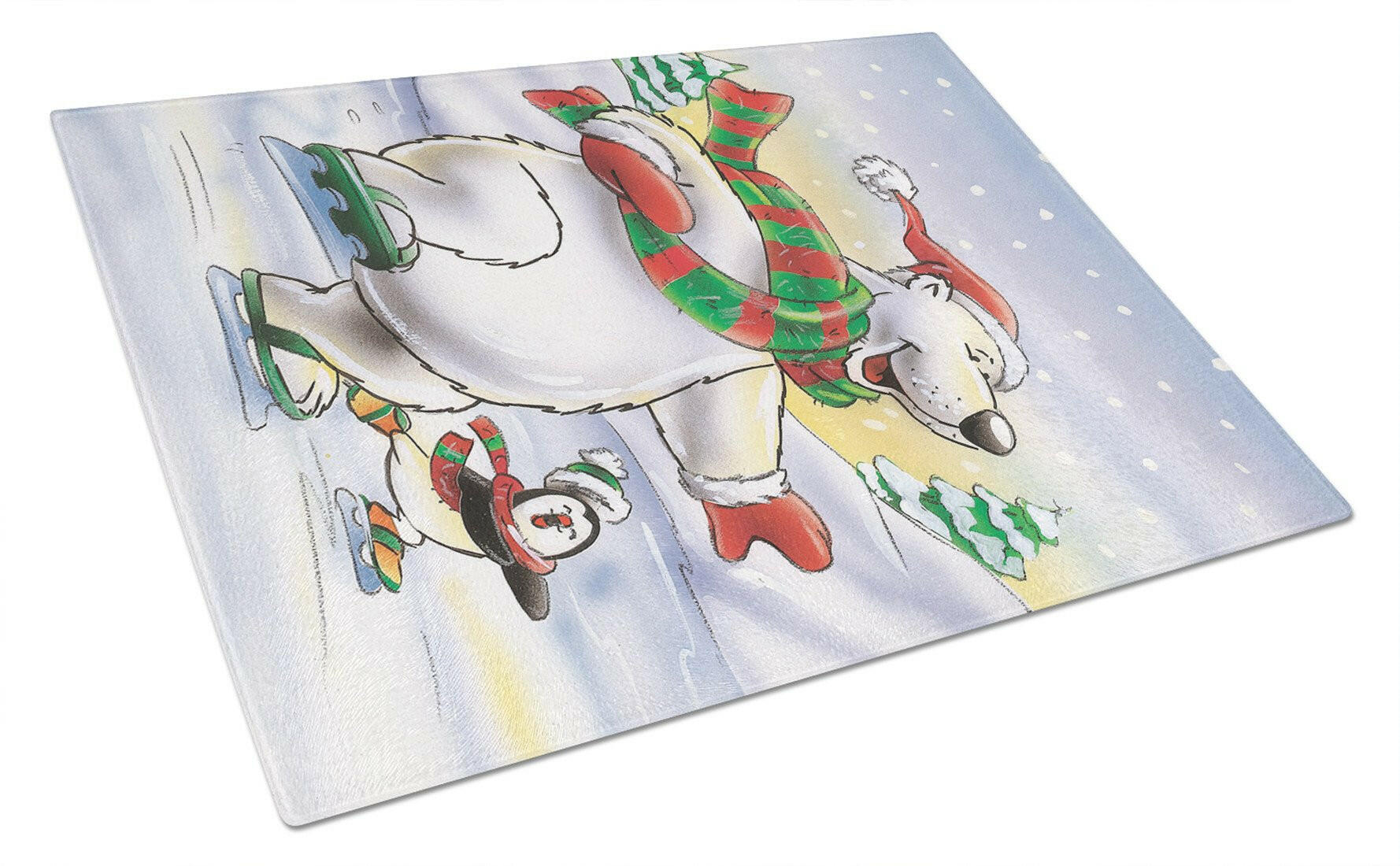 Holiday Polar Bears Ice Skating Cutting Board Tempered Glass Kitchen Cutting Surface, Heat Resistant Chopping, Non-Slip Feet, Food Prep & Serving