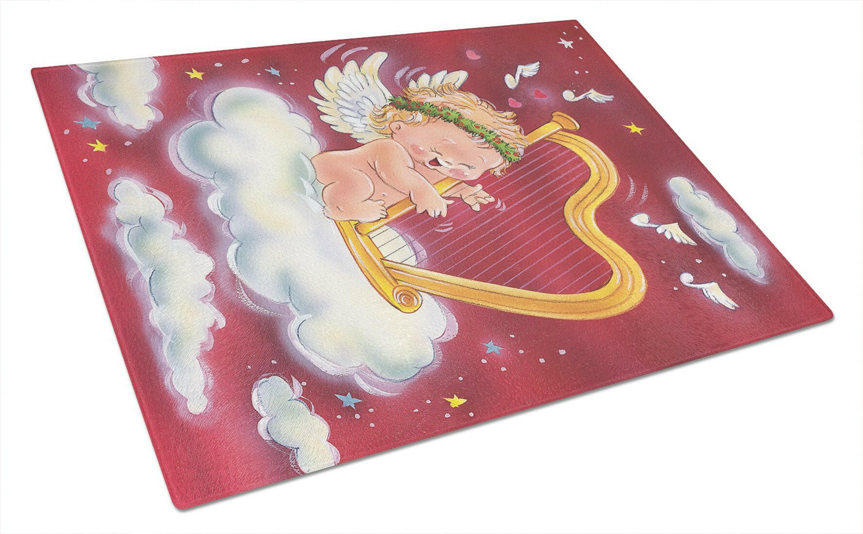 Angels with Harp Valentine's Cutting Board Tempered Glass Kitchen Cutting Surface, Heat Resistant Chopping, Non-Slip Feet, Food Prep & Serving