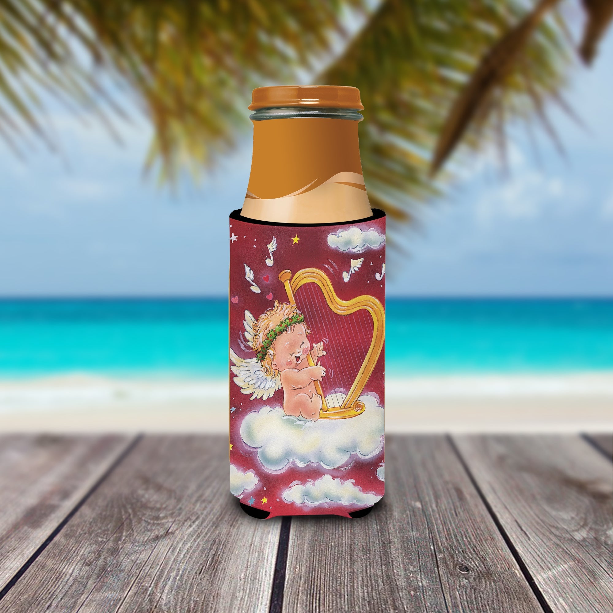 Angels with Harp Valentine's Slim Can Hugger , Insulated Foam Hugger for 12 oz Slim Cans, Beer Bottles & Water Bottles, Printed in USA