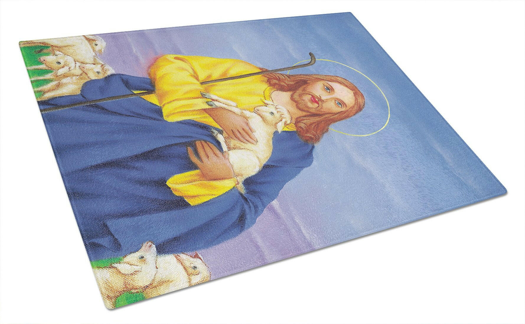 Jesus The Good Shepherd holding a lamb Cutting Board Tempered Glass Kitchen Cutting Surface, Heat Resistant Chopping, Non-Slip Feet, Food Prep & Serving