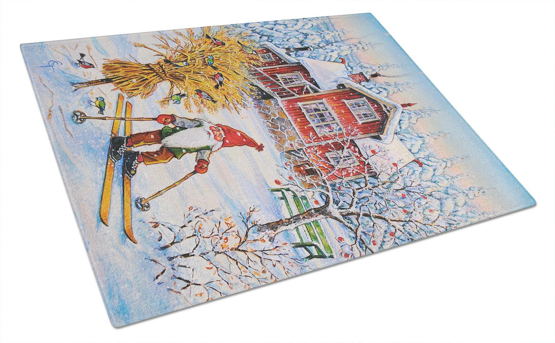 Christmas Gnome Skiing Cutting Board Tempered Glass Kitchen Cutting Surface, Heat Resistant Chopping, Non-Slip Feet, Food Prep & Serving