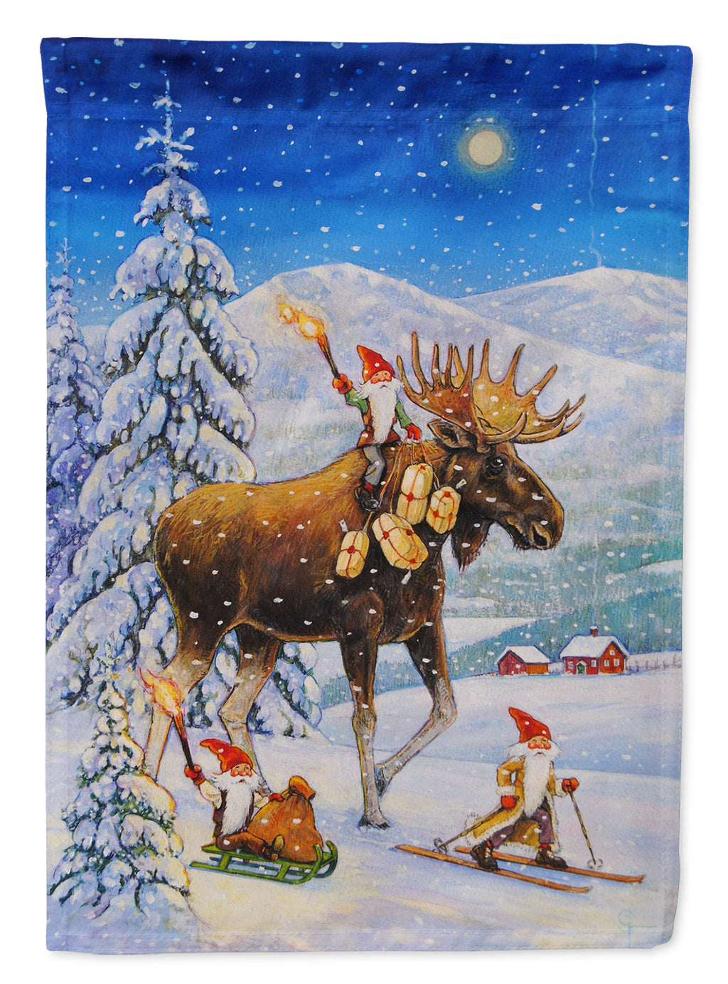 Christmas Gnome riding Reindeer House Flag 28x40 Porch Sleeve Pole Decorative Outside Yard Banner Artwork Wall Hanging, Polyester