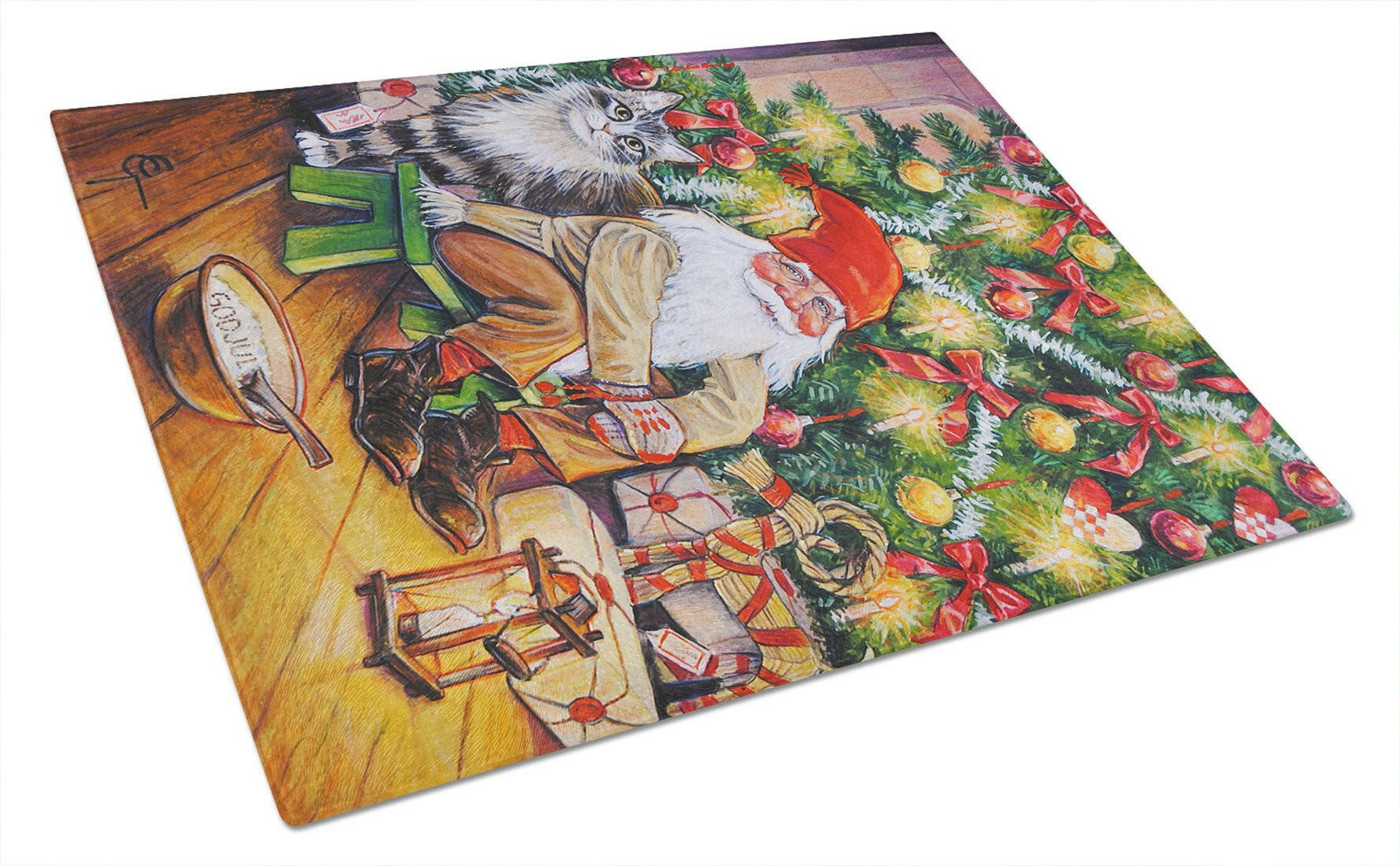 Christmas Gnome by the Tree Cutting Board Tempered Glass Kitchen Cutting Surface, Heat Resistant Chopping, Non-Slip Feet, Food Prep & Serving