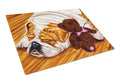 English Bulldog and Teddy Bear Cutting Board Tempered Glass Kitchen Cutting Surface, Heat Resistant Chopping, Non-Slip Feet, Food Prep & Serving