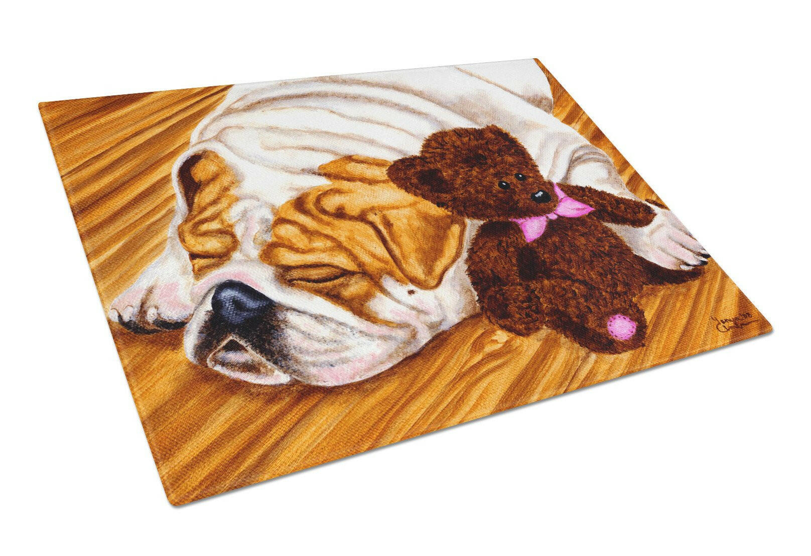 English Bulldog and Teddy Bear Cutting Board Tempered Glass Kitchen Cutting Surface, Heat Resistant Chopping, Non-Slip Feet, Food Prep & Serving