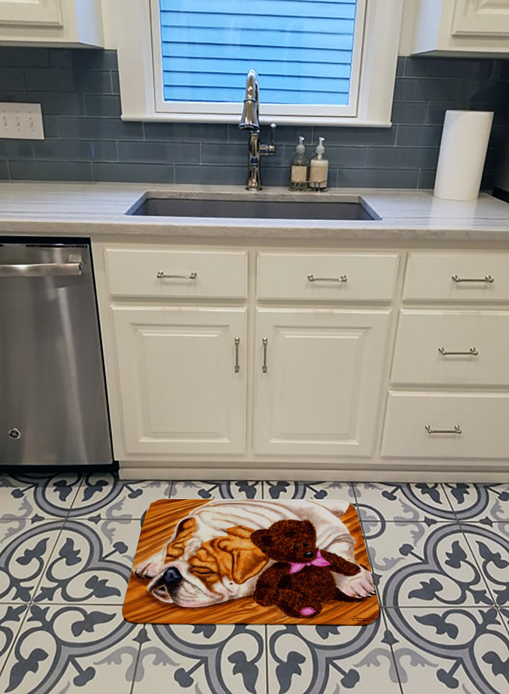 English Bulldog and Teddy Bear Memory Foam Kitchen Mat Machine Washable Anti-Fatigue Cushion Comfort Bath or Kitchen Rug