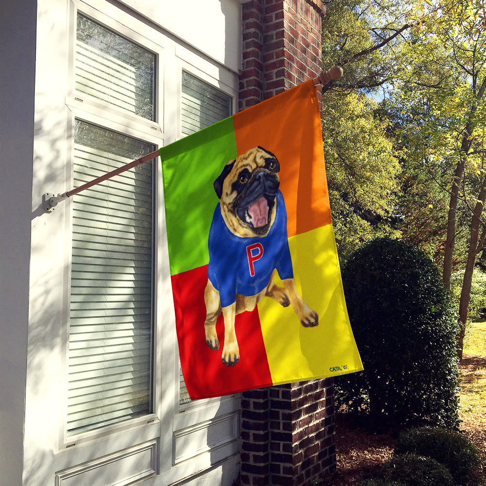 Go Team Varsity Pug House Flag 28x40 Porch Sleeve Pole Decorative Outside Yard Banner Artwork Wall Hanging, Polyester