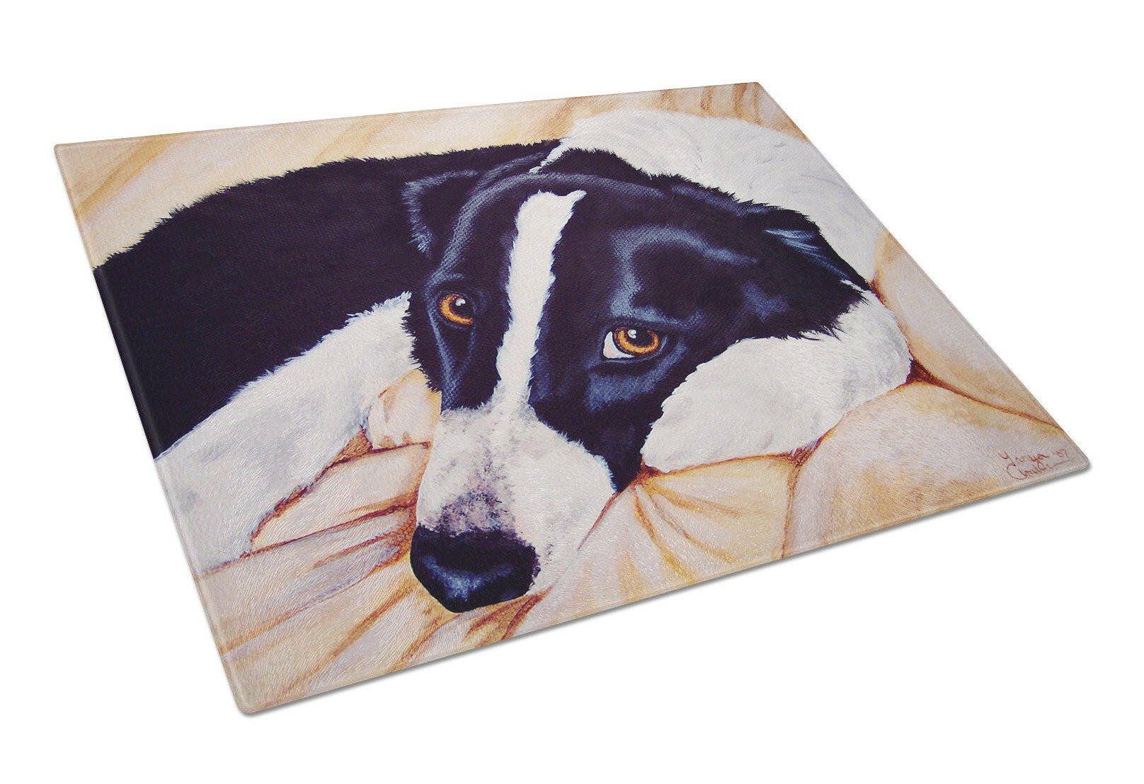 Naptime Border Collie Cutting Board Tempered Glass Kitchen Cutting Surface, Heat Resistant Chopping, Non-Slip Feet, Food Prep & Serving