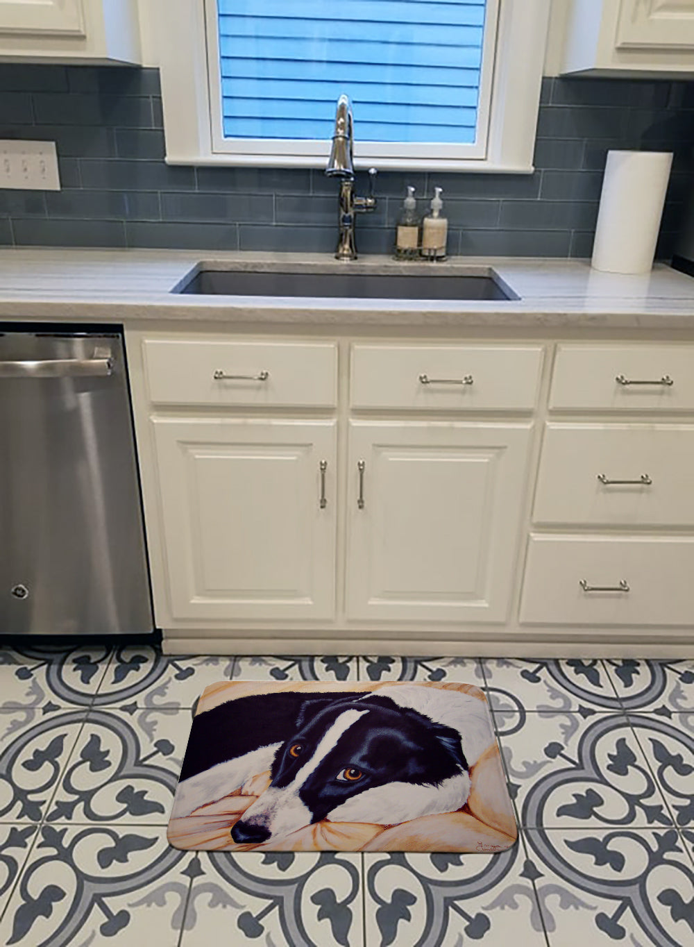 Naptime Border Collie Memory Foam Kitchen Mat Machine Washable Anti-Fatigue Cushion Comfort Bath or Kitchen Rug