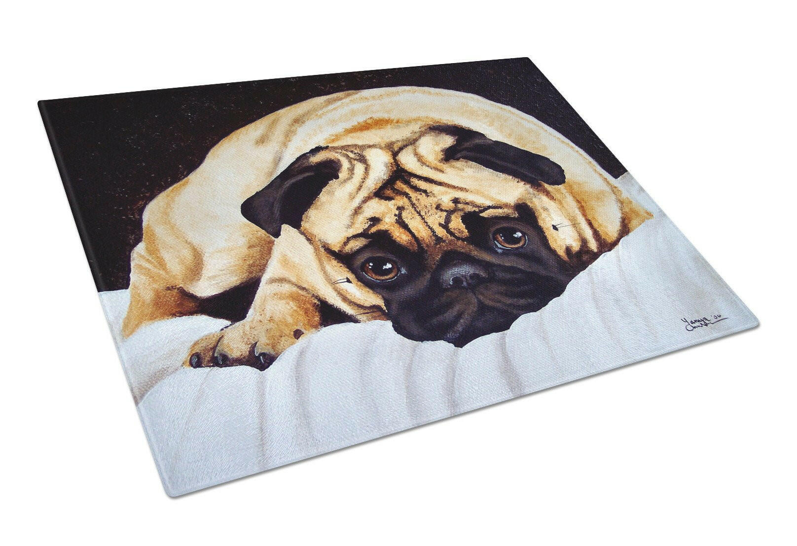 Fred the Pug Cutting Board Tempered Glass Kitchen Cutting Surface, Heat Resistant Chopping, Non-Slip Feet, Food Prep & Serving