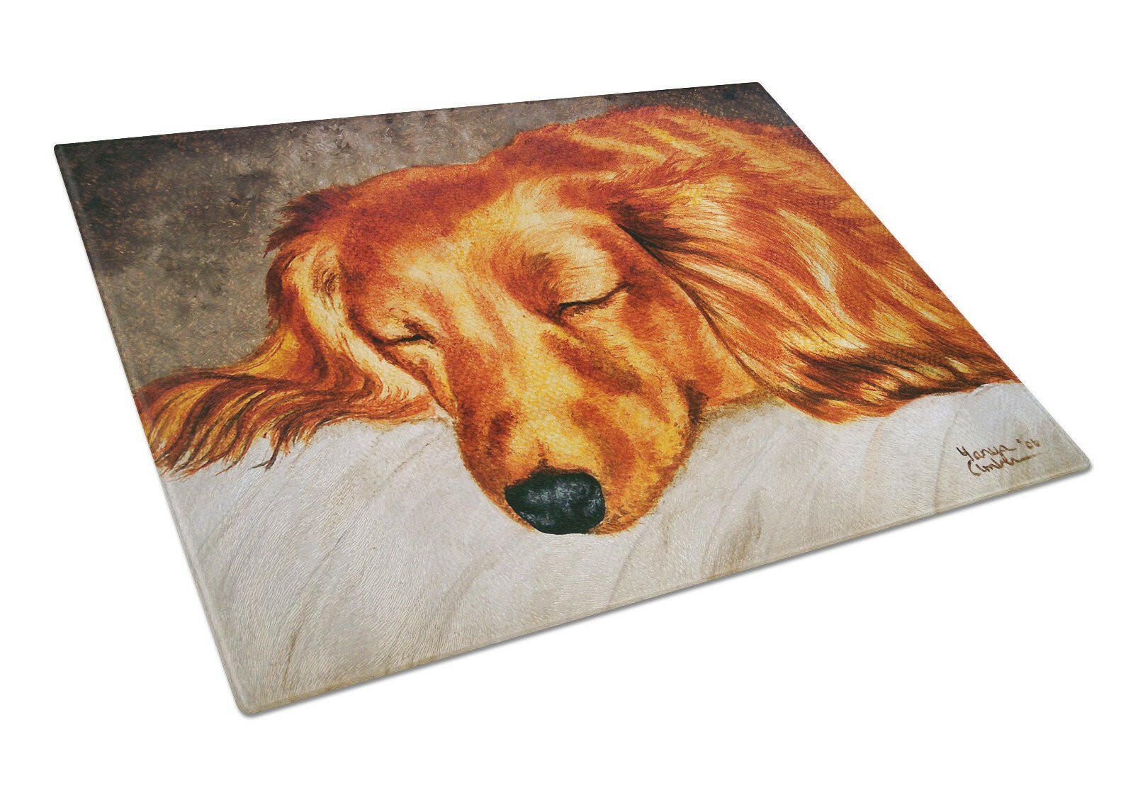 Red Longhaired Dachshund Cutting Board Tempered Glass Kitchen Cutting Surface, Heat Resistant Chopping, Non-Slip Feet, Food Prep & Serving