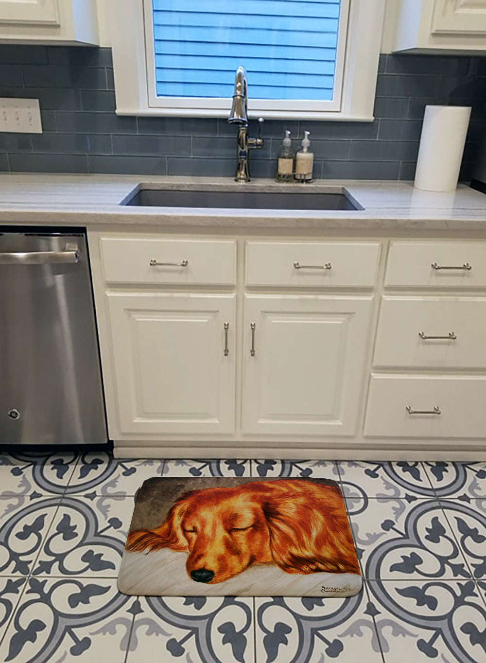 Red Longhaired Dachshund Memory Foam Kitchen Mat Machine Washable Anti-Fatigue Cushion Comfort Bath or Kitchen Rug