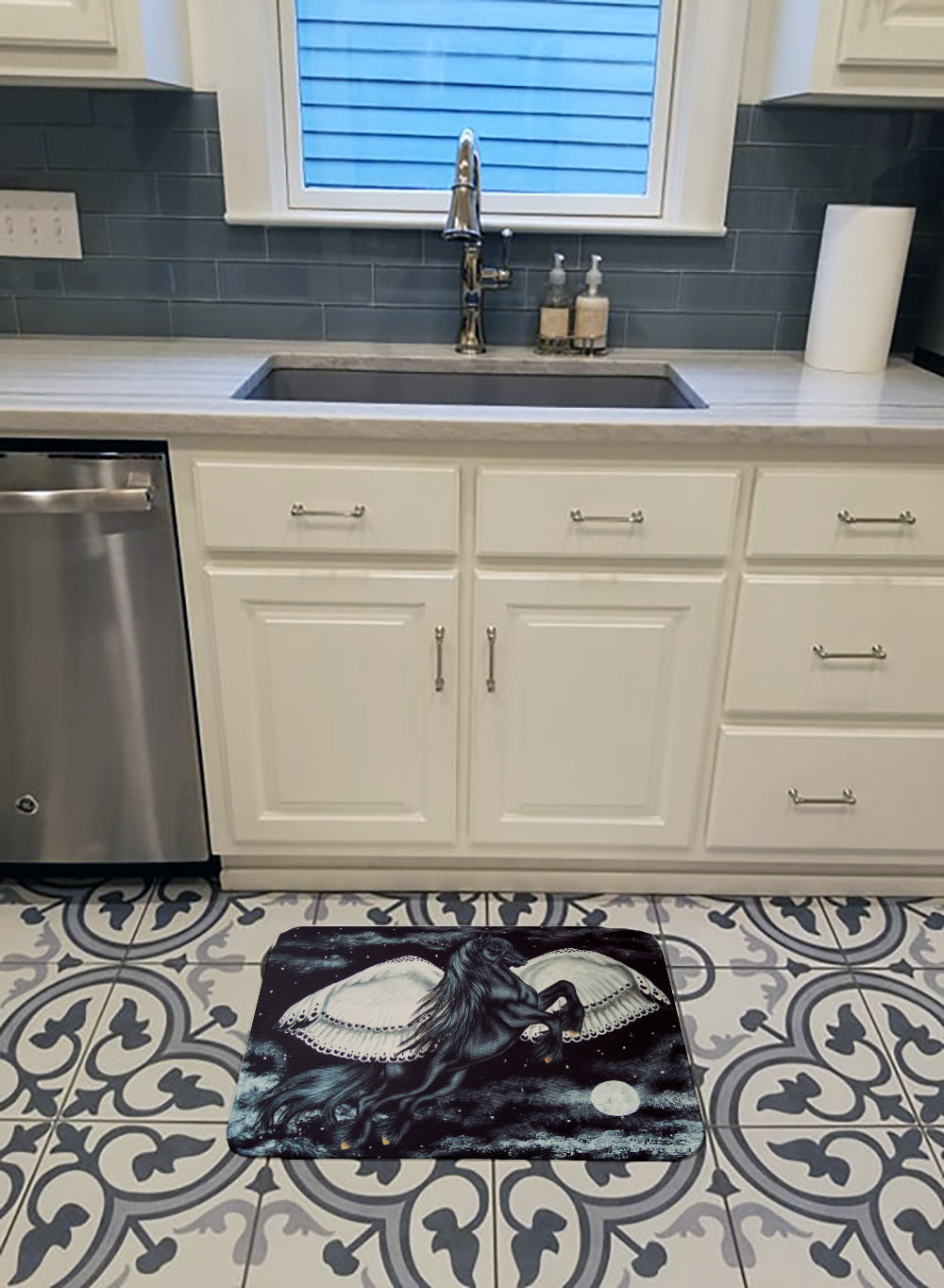 Black Flying Horse Memory Foam Kitchen Mat Machine Washable Anti-Fatigue Cushion Comfort Bath or Kitchen Rug