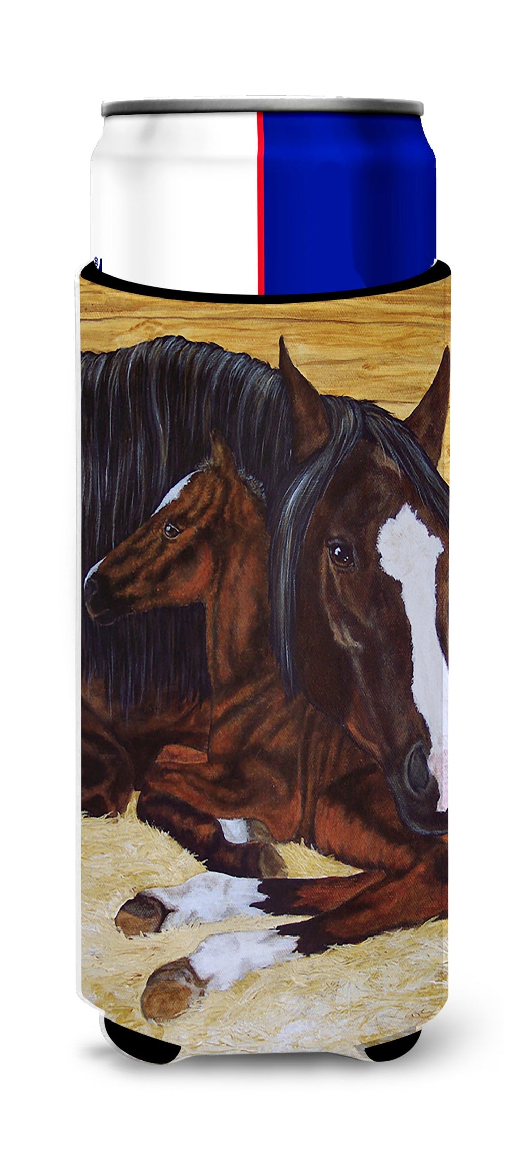 Bay Mare Foal Horse Slim Can Hugger , Insulated Foam Hugger for 12 oz Slim Cans, Beer Bottles & Water Bottles, Printed in USA