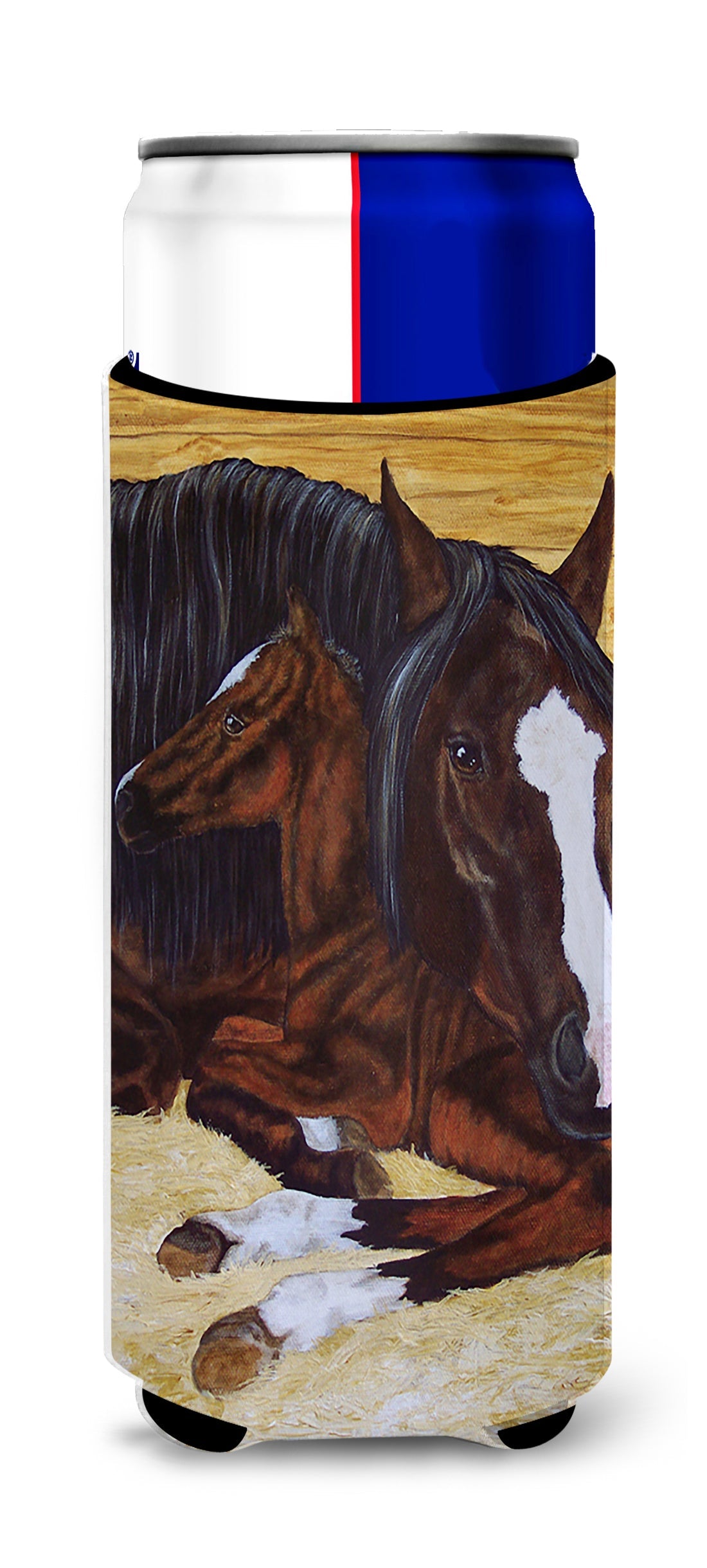 Bay Mare Foal Horse Slim Can Hugger , Insulated Foam Hugger for 12 oz Slim Cans, Beer Bottles & Water Bottles, Printed in USA