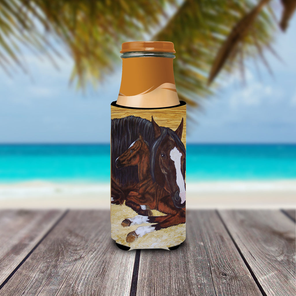 Bay Mare Foal Horse Slim Can Hugger , Insulated Foam Hugger for 12 oz Slim Cans, Beer Bottles & Water Bottles, Printed in USA