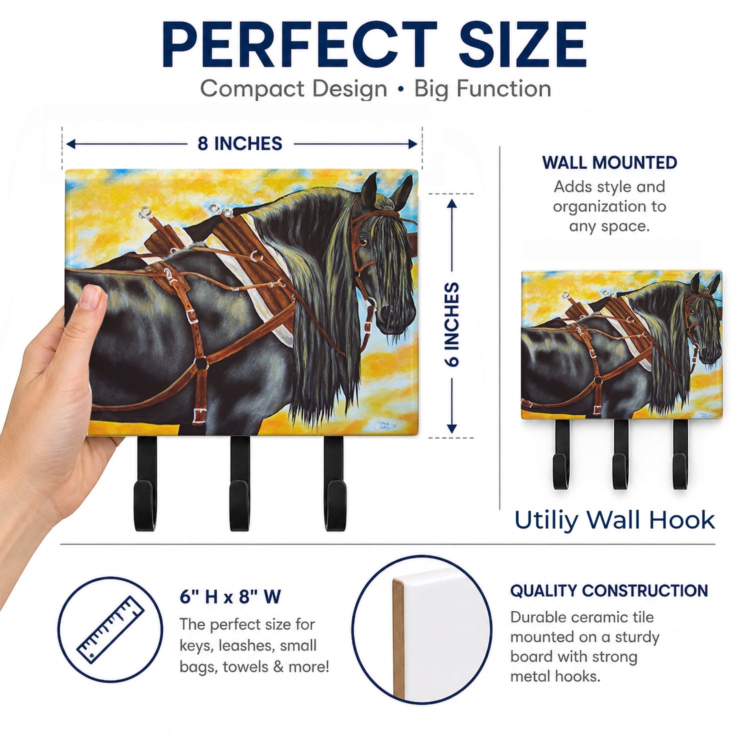 Day's End Horse Leash or Key Holder Wall Hooks, Coat Rack Wall Mount, for Hanging Keys, Towels, Aprons, Leashes