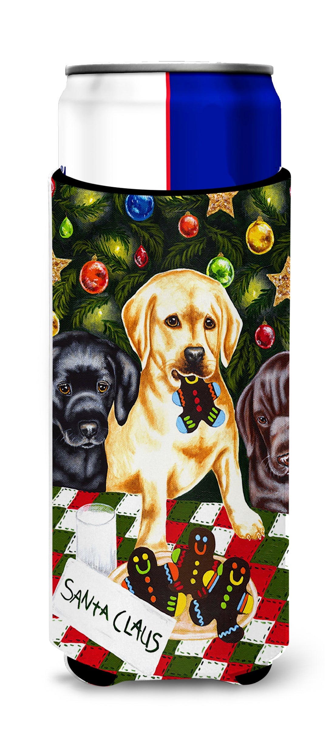 Santa's Helpers in Christmas Stockings Labrador Slim Can Hugger , Insulated Foam Hugger for 12 oz Slim Cans, Beer Bottles & Water Bottles, Printed in USA