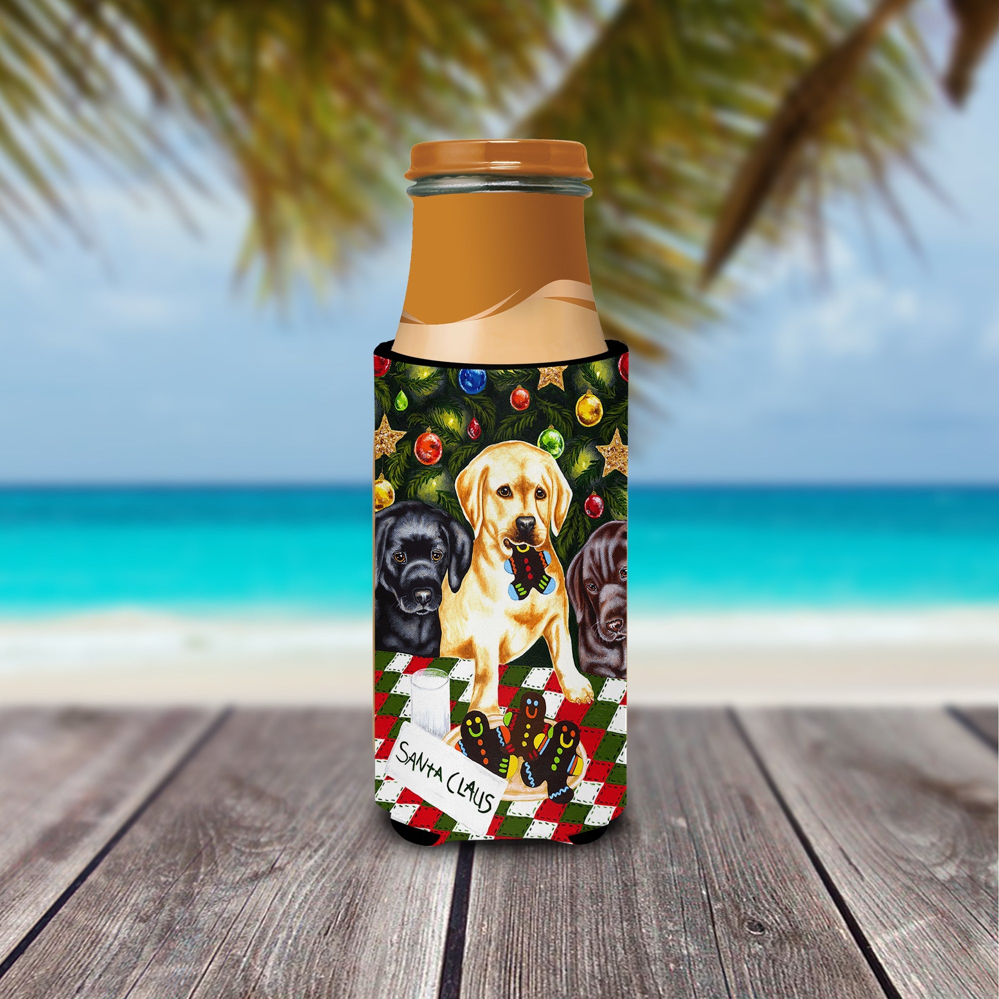 Santa's Helpers in Christmas Stockings Labrador Slim Can Hugger , Insulated Foam Hugger for 12 oz Slim Cans, Beer Bottles & Water Bottles, Printed in USA