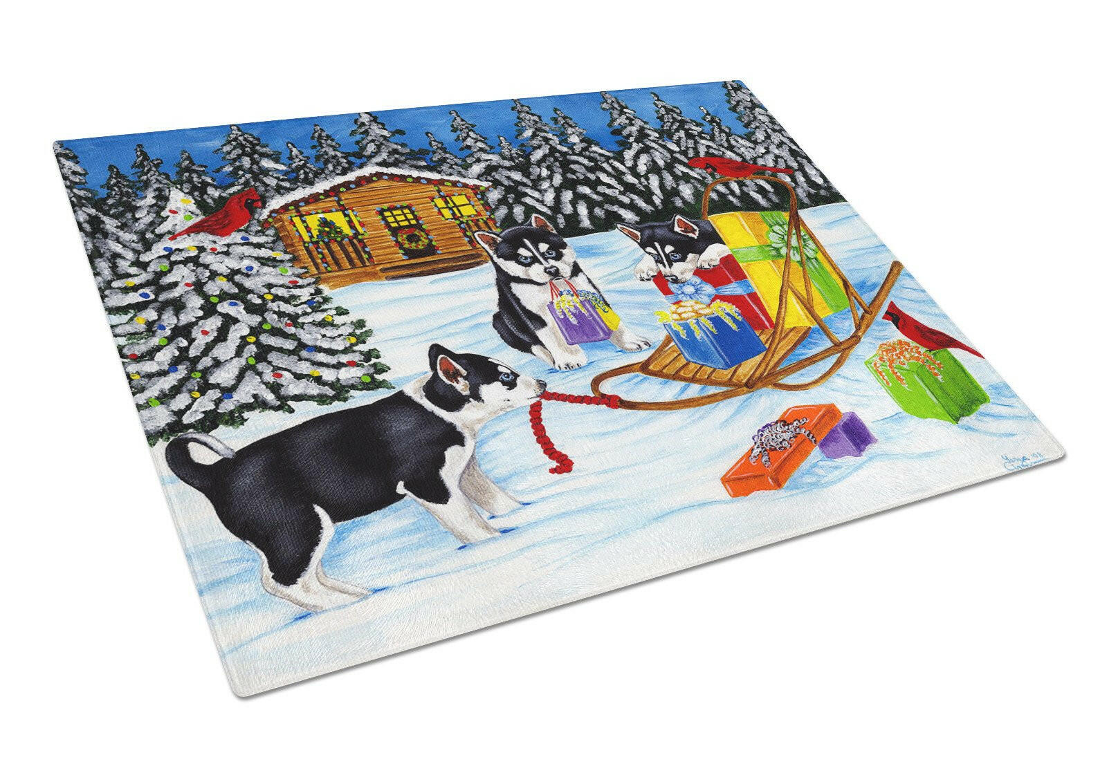 Christmas Mush Siberian Husky Cutting Board Tempered Glass Kitchen Cutting Surface, Heat Resistant Chopping, Non-Slip Feet, Food Prep & Serving