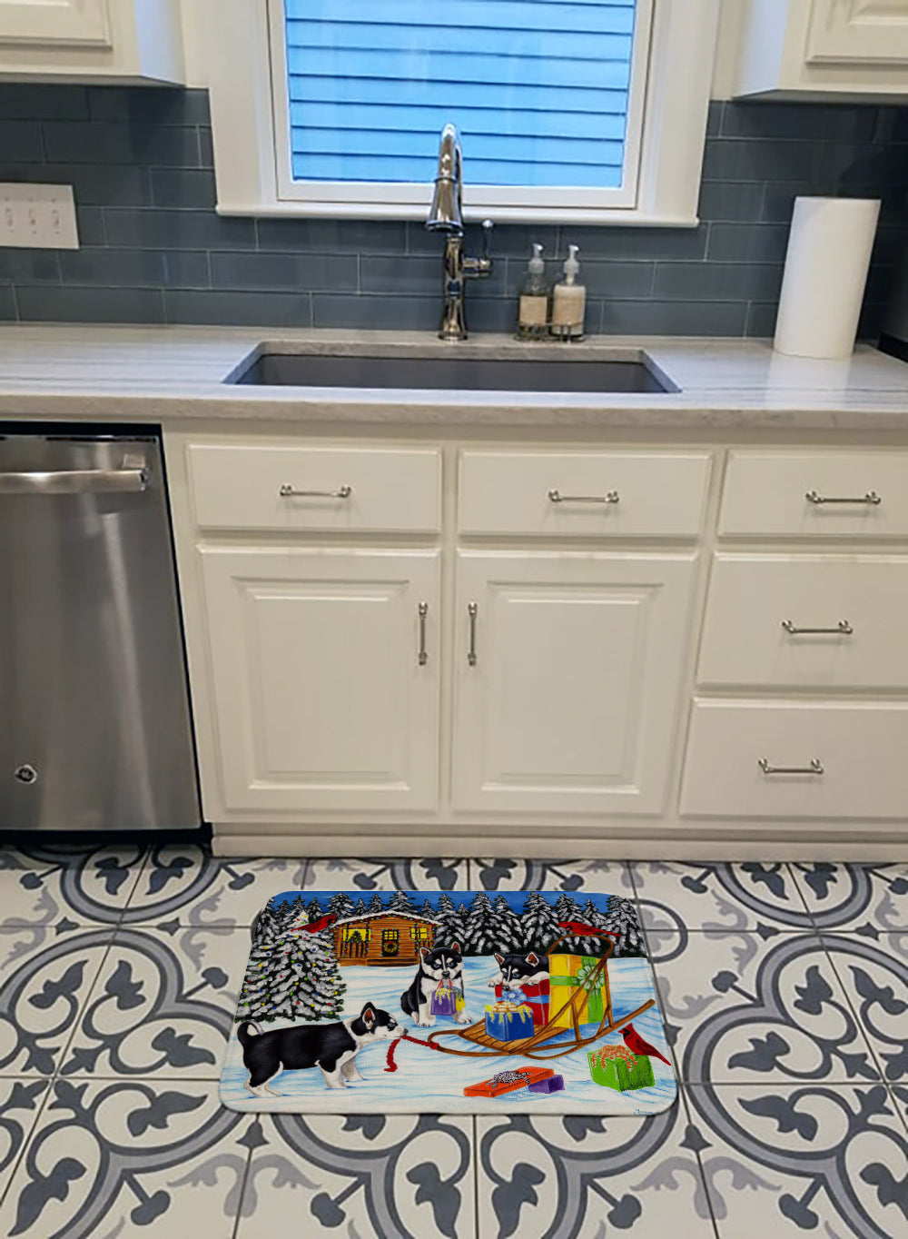 Christmas Mush Siberian Husky Memory Foam Kitchen Mat Machine Washable Anti-Fatigue Cushion Comfort Bath or Kitchen Rug