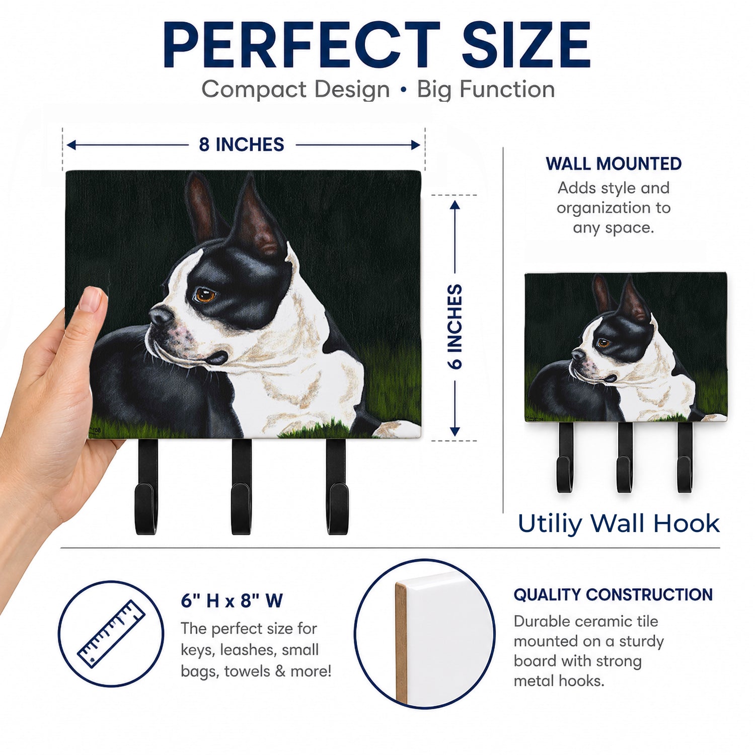 Boston Terrier Beauty Leash or Key Holder Wall Hooks, Coat Rack Wall Mount, for Hanging Keys, Towels, Aprons, Leashes