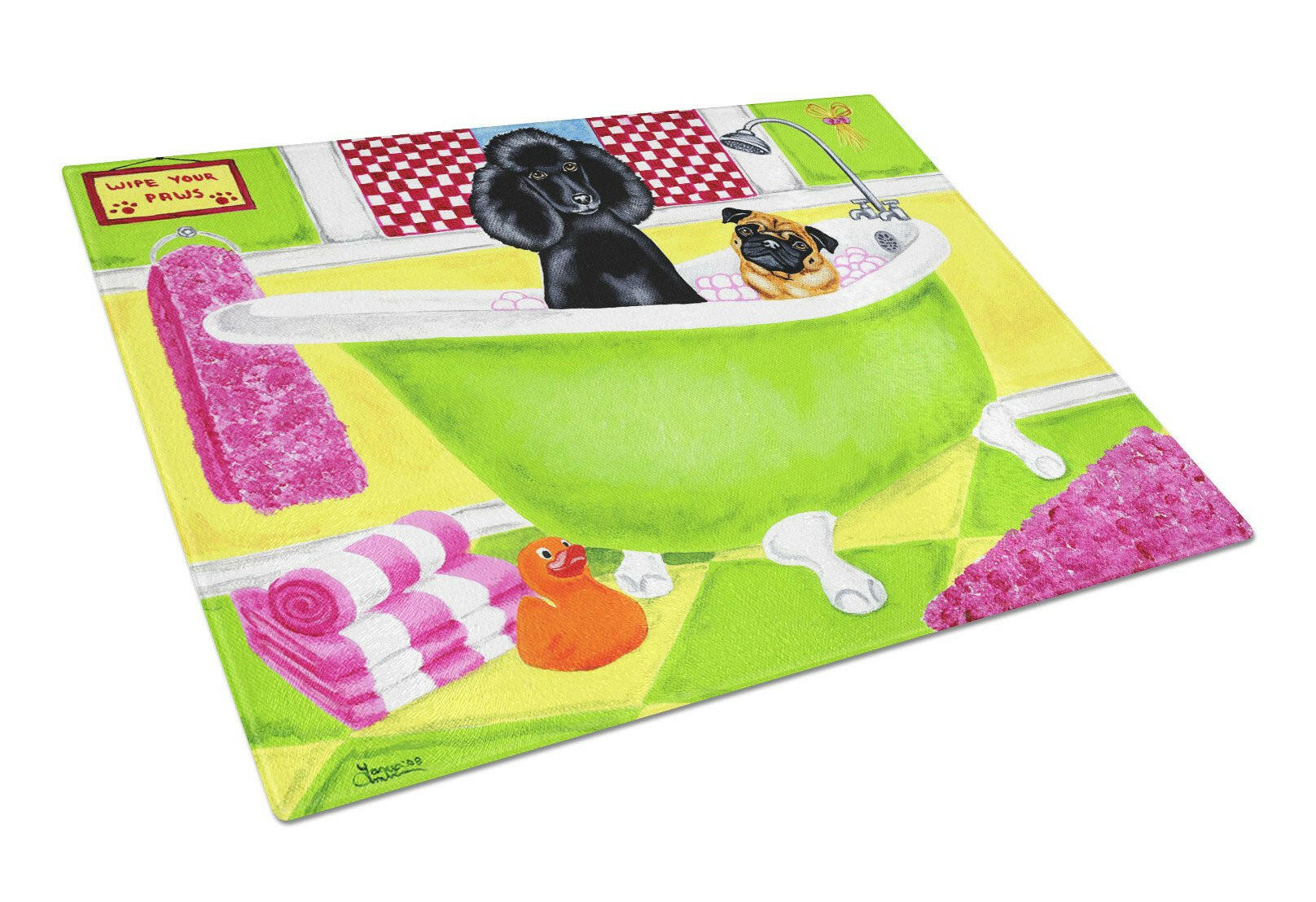 Tub for Two with Poodle and Pug Cutting Board Tempered Glass Kitchen Cutting Surface, Heat Resistant Chopping, Non-Slip Feet, Food Prep & Serving