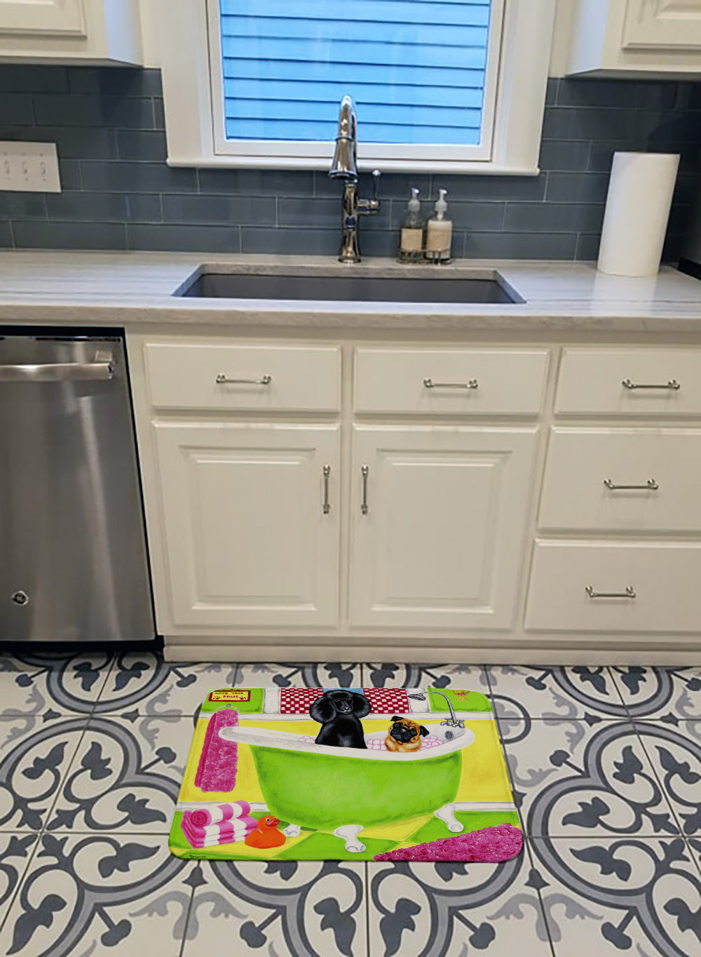 Tub for Two with Poodle and Pug Memory Foam Kitchen Mat Machine Washable Anti-Fatigue Cushion Comfort Bath or Kitchen Rug