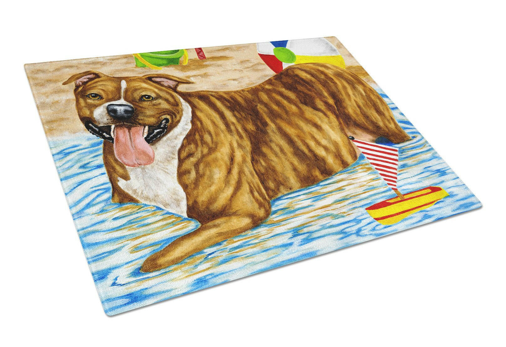 Beach Bum Staffie Cutting Board Tempered Glass Kitchen Cutting Surface, Heat Resistant Chopping, Non-Slip Feet, Food Prep & Serving