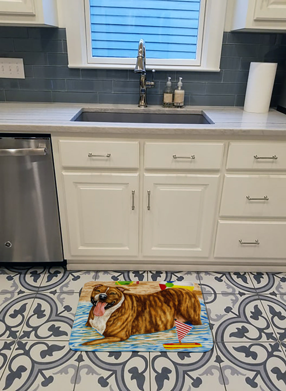Beach Bum Staffie Memory Foam Kitchen Mat Machine Washable Anti-Fatigue Cushion Comfort Bath or Kitchen Rug