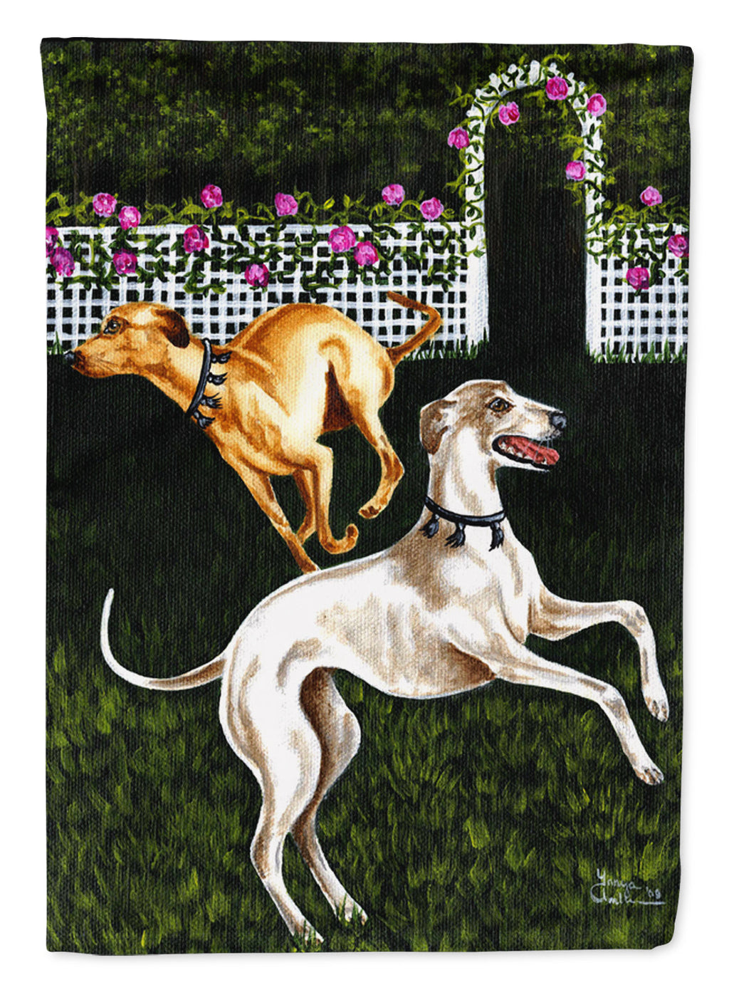 Rose Garden Frolick Greyhounds House Flag 28x40 Porch Sleeve Pole Decorative Outside Yard Banner Artwork Wall Hanging, Polyester