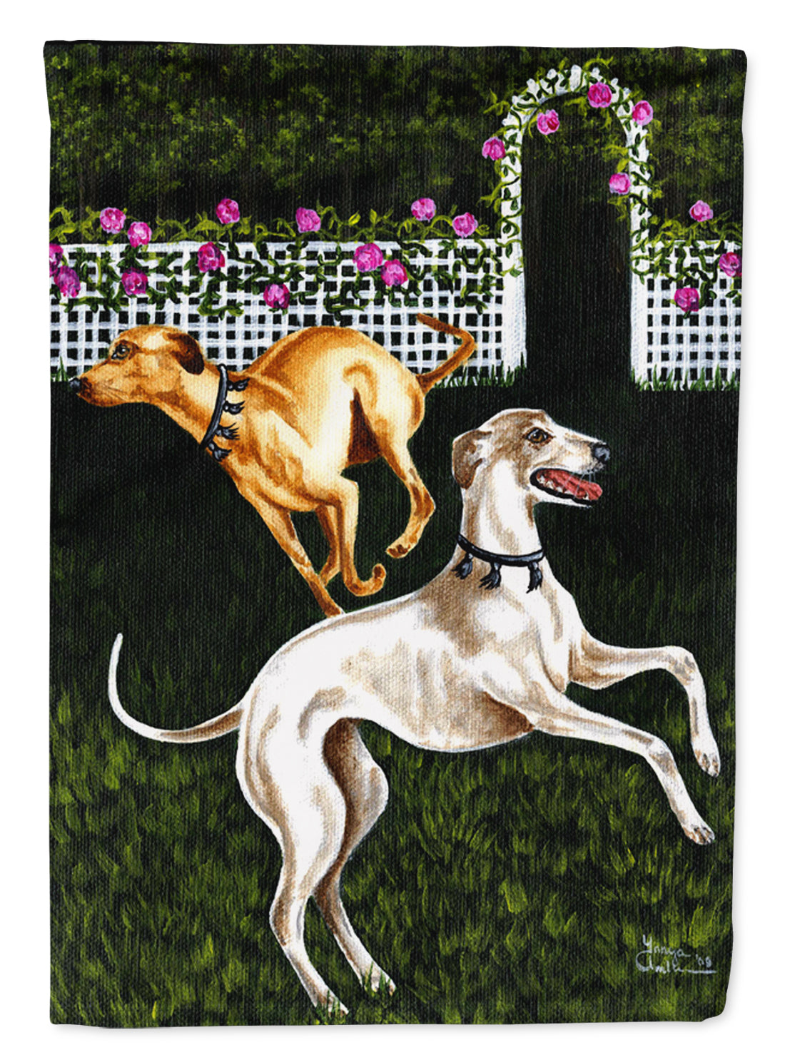 Rose Garden Frolick Greyhounds House Flag 28x40 Porch Sleeve Pole Decorative Outside Yard Banner Artwork Wall Hanging, Polyester