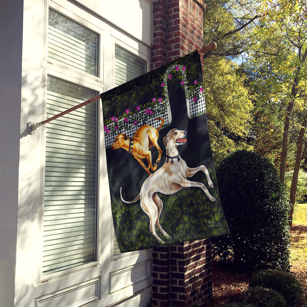 Rose Garden Frolick Greyhounds House Flag 28x40 Porch Sleeve Pole Decorative Outside Yard Banner Artwork Wall Hanging, Polyester