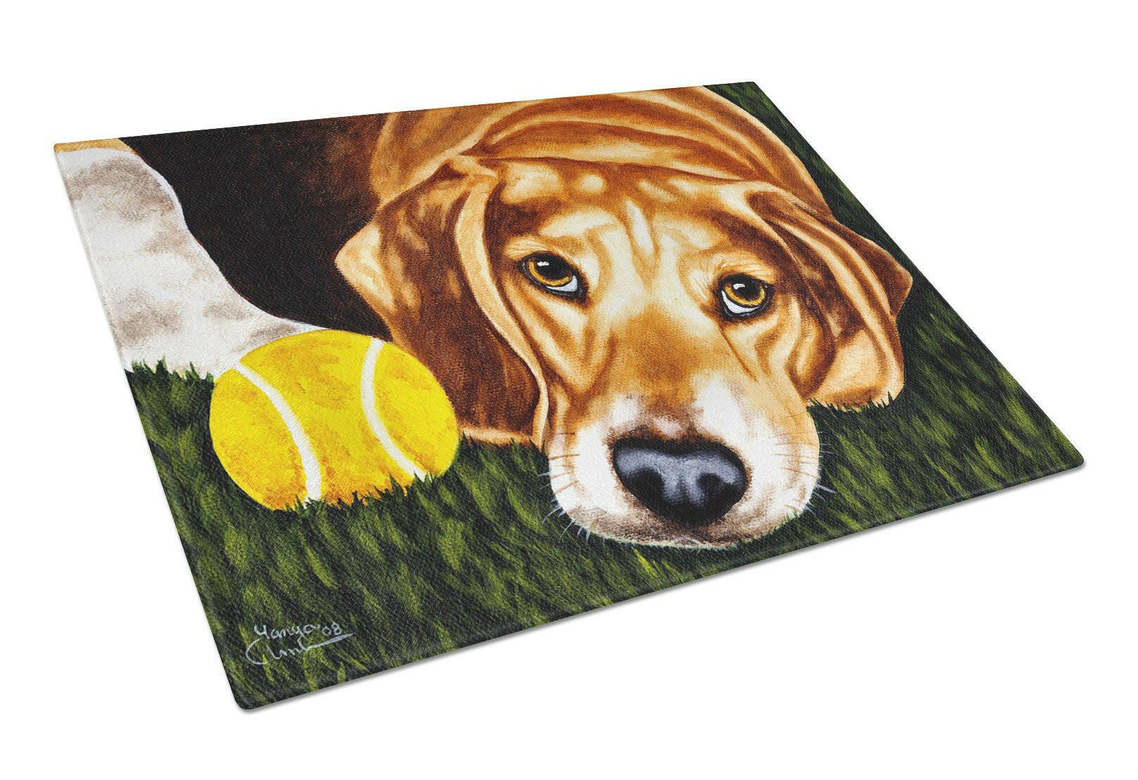 Have Ball Will Travel Beagle Cutting Board Tempered Glass Kitchen Cutting Surface, Heat Resistant Chopping, Non-Slip Feet, Food Prep & Serving