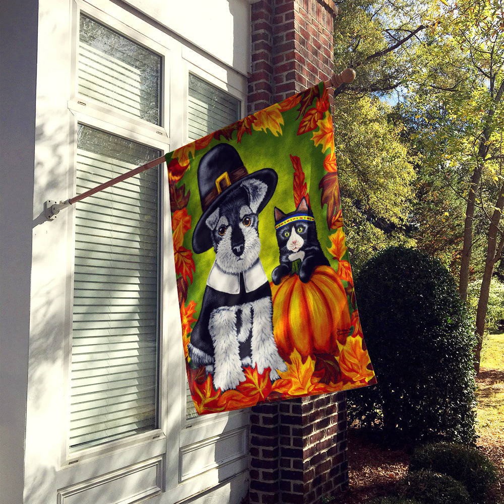 Thanksgiving Friends Schnauzer House Flag 28x40 Porch Sleeve Pole Decorative Outside Yard Banner Artwork Wall Hanging, Polyester