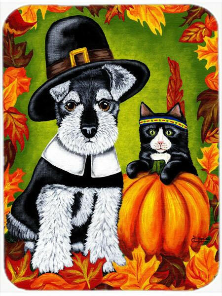 Thanksgiving Friends Schnauzer Cutting Board Tempered Glass Kitchen Cutting Surface, Heat Resistant Chopping, Non-Slip Feet, Food Prep & Serving