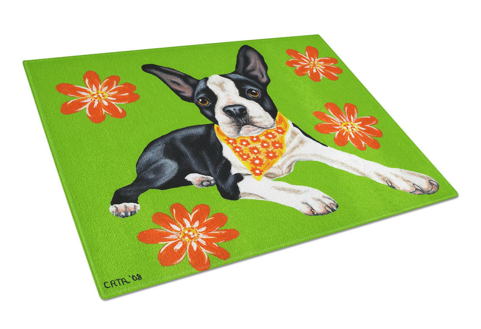Cosmo Cutie Boston Terrier Cutting Board Tempered Glass Kitchen Cutting Surface, Heat Resistant Chopping, Non-Slip Feet, Food Prep & Serving