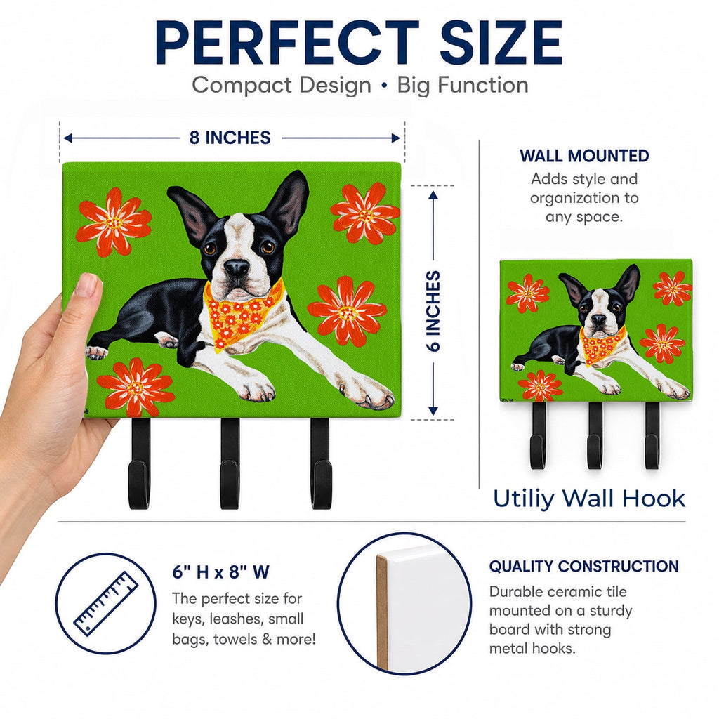 Cosmo Cutie Boston Terrier Leash or Key Holder Wall Hooks, Coat Rack Wall Mount, for Hanging Keys, Towels, Aprons, Leashes