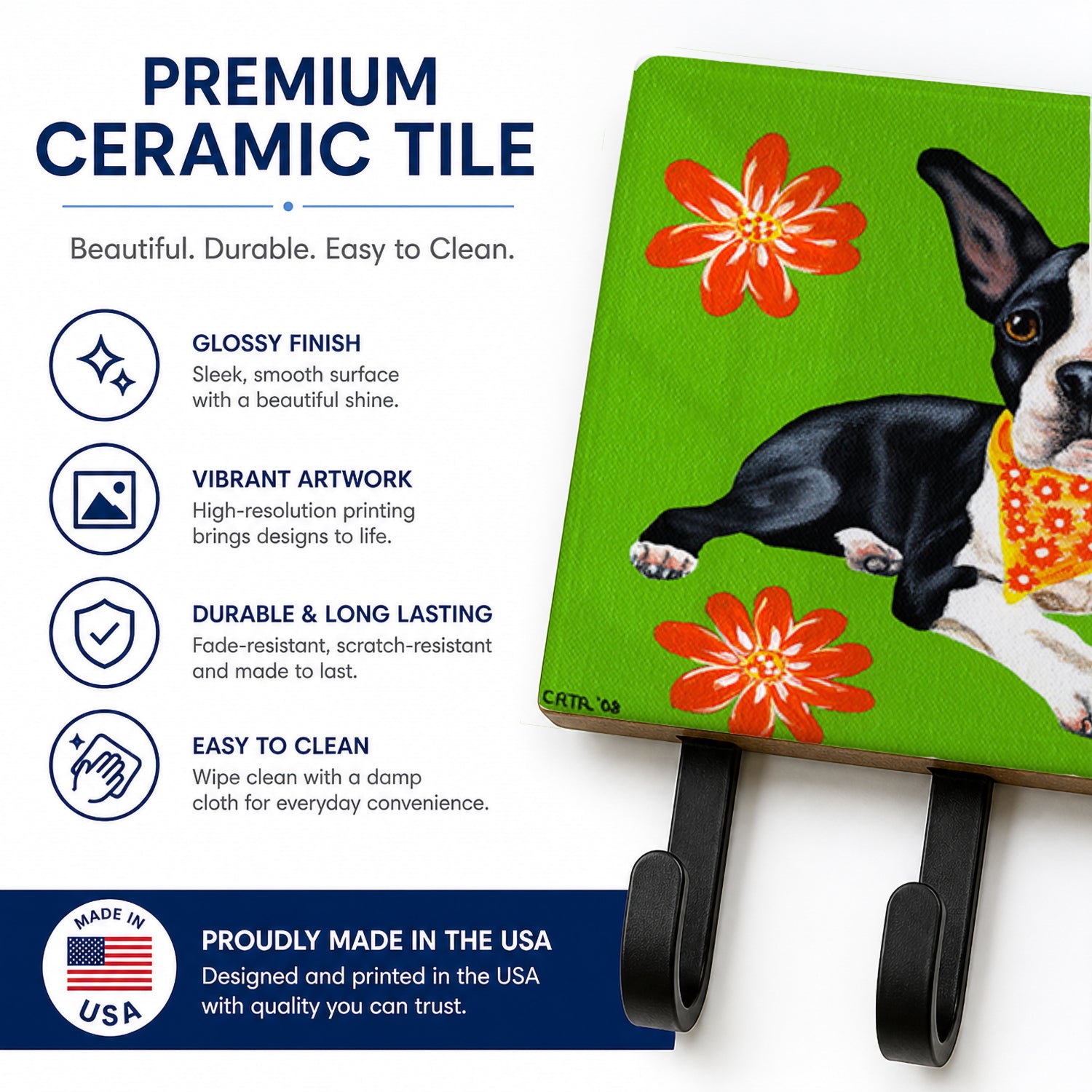 Cosmo Cutie Boston Terrier Leash or Key Holder Wall Hooks, Coat Rack Wall Mount, for Hanging Keys, Towels, Aprons, Leashes