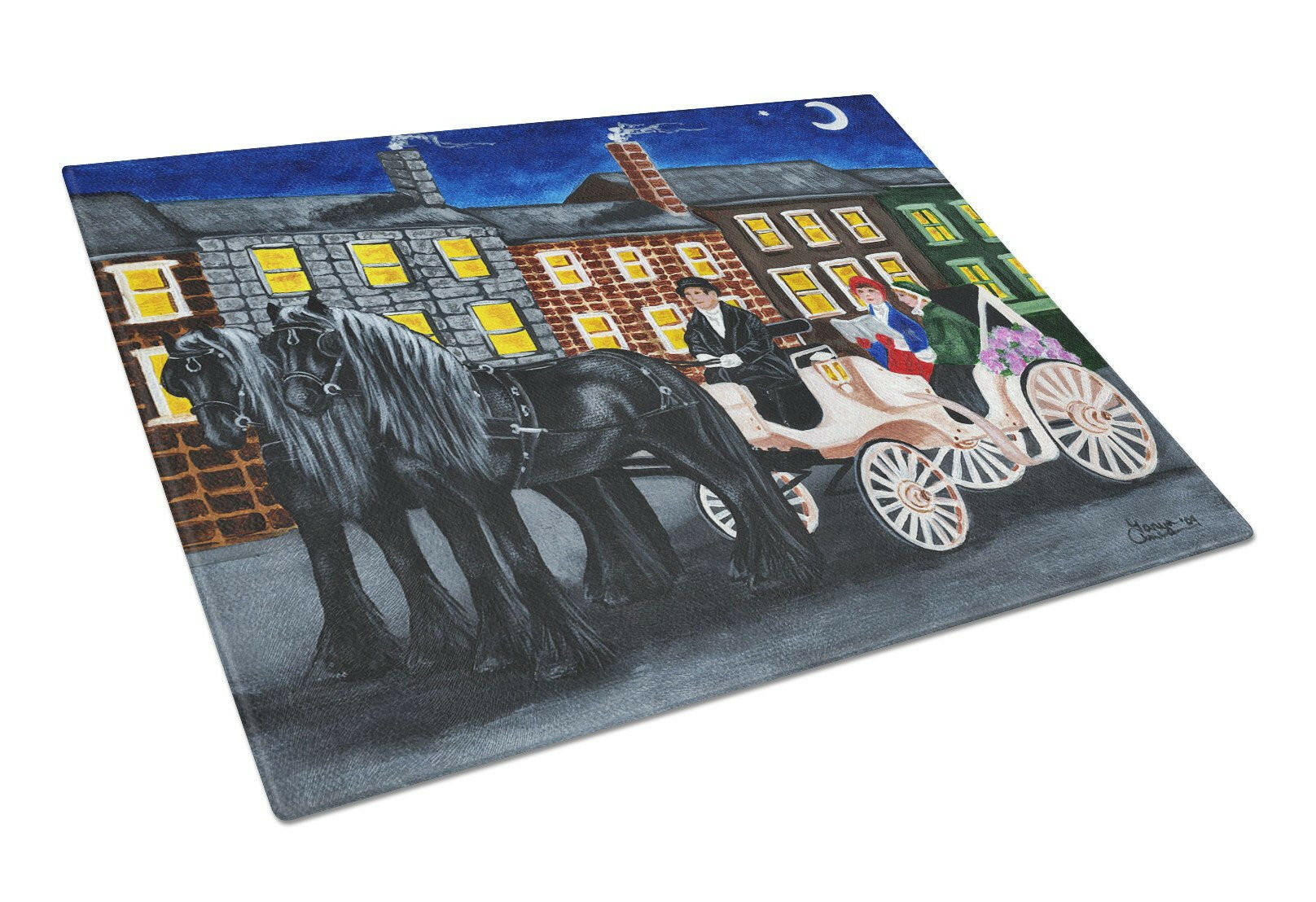 City Carriage Ride Horse Cutting Board Tempered Glass Kitchen Cutting Surface, Heat Resistant Chopping, Non-Slip Feet, Food Prep & Serving