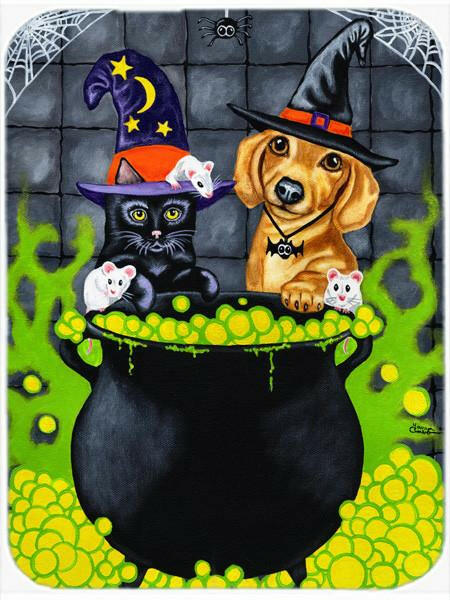 Brewing up Trouble Halloween Dachshund Cutting Board Tempered Glass Kitchen Cutting Surface, Heat Resistant Chopping, Non-Slip Feet, Food Prep & Serving