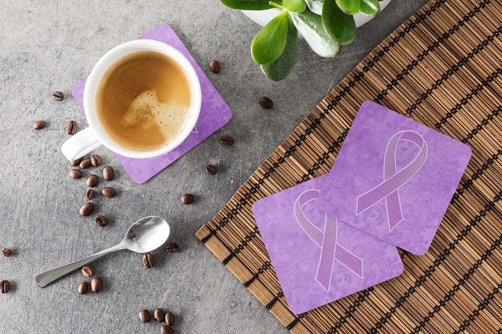 Lavender Ribbon for All Cancer Awareness Foam Coasters Set of 4 Cup Coasters for Indoor Outdoor, Tabletop Protection, Anti Slip, Mouse pad Material
