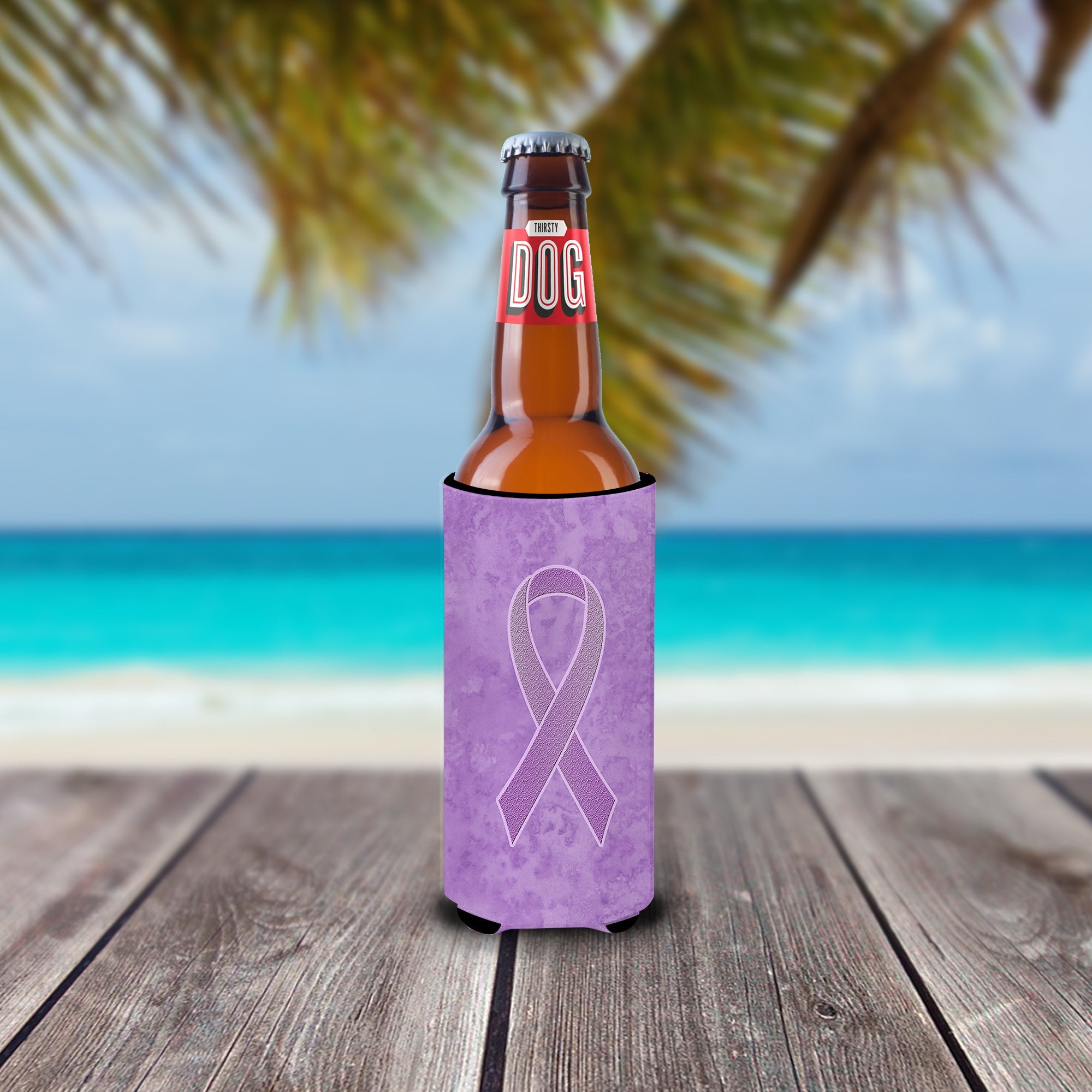 Lavender Ribbon for All Cancer Awareness Slim Can Hugger , Insulated Foam Hugger for 12 oz Slim Cans, Beer Bottles & Water Bottles, Printed in USA