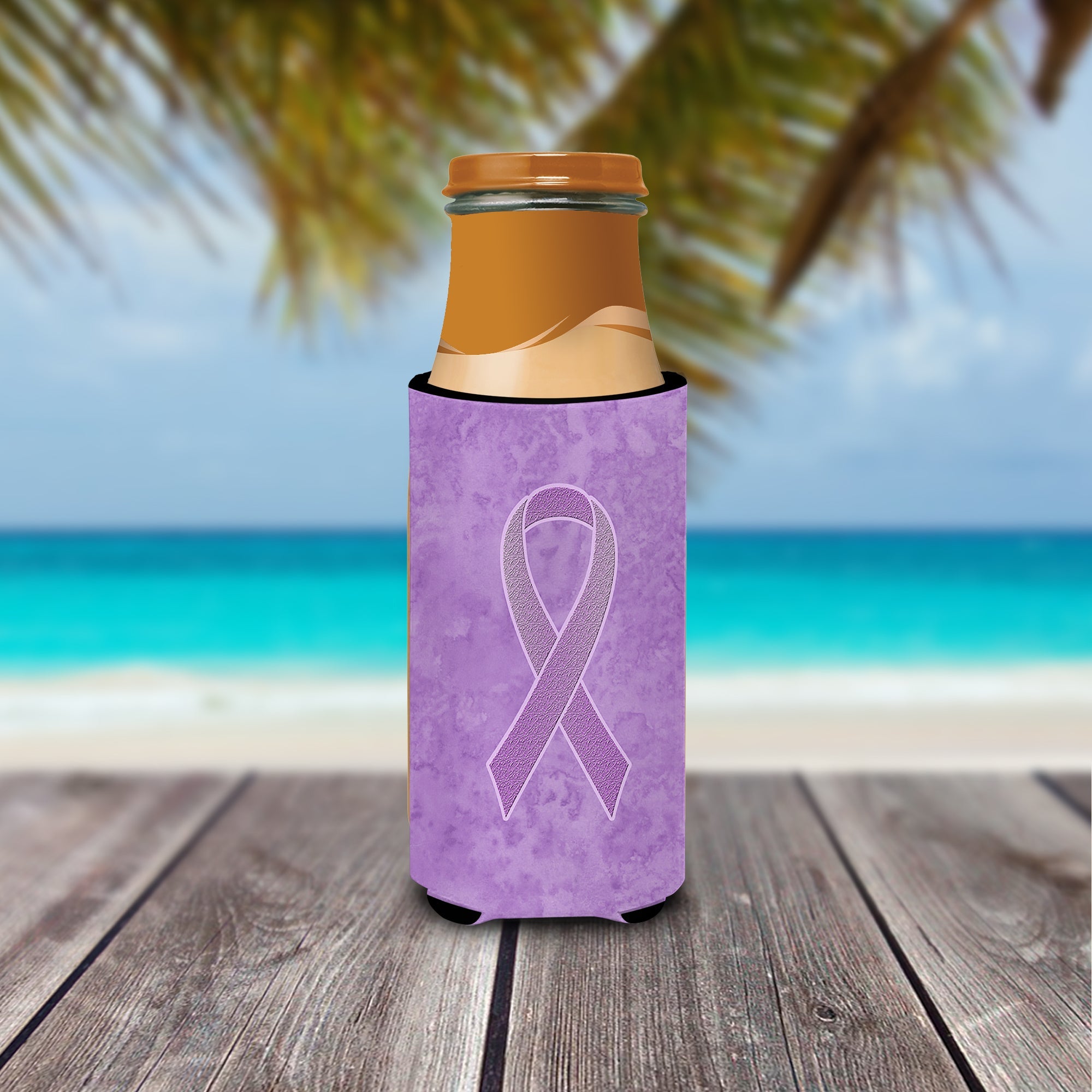 Lavender Ribbon for All Cancer Awareness Slim Can Hugger , Insulated Foam Hugger for 12 oz Slim Cans, Beer Bottles & Water Bottles, Printed in USA