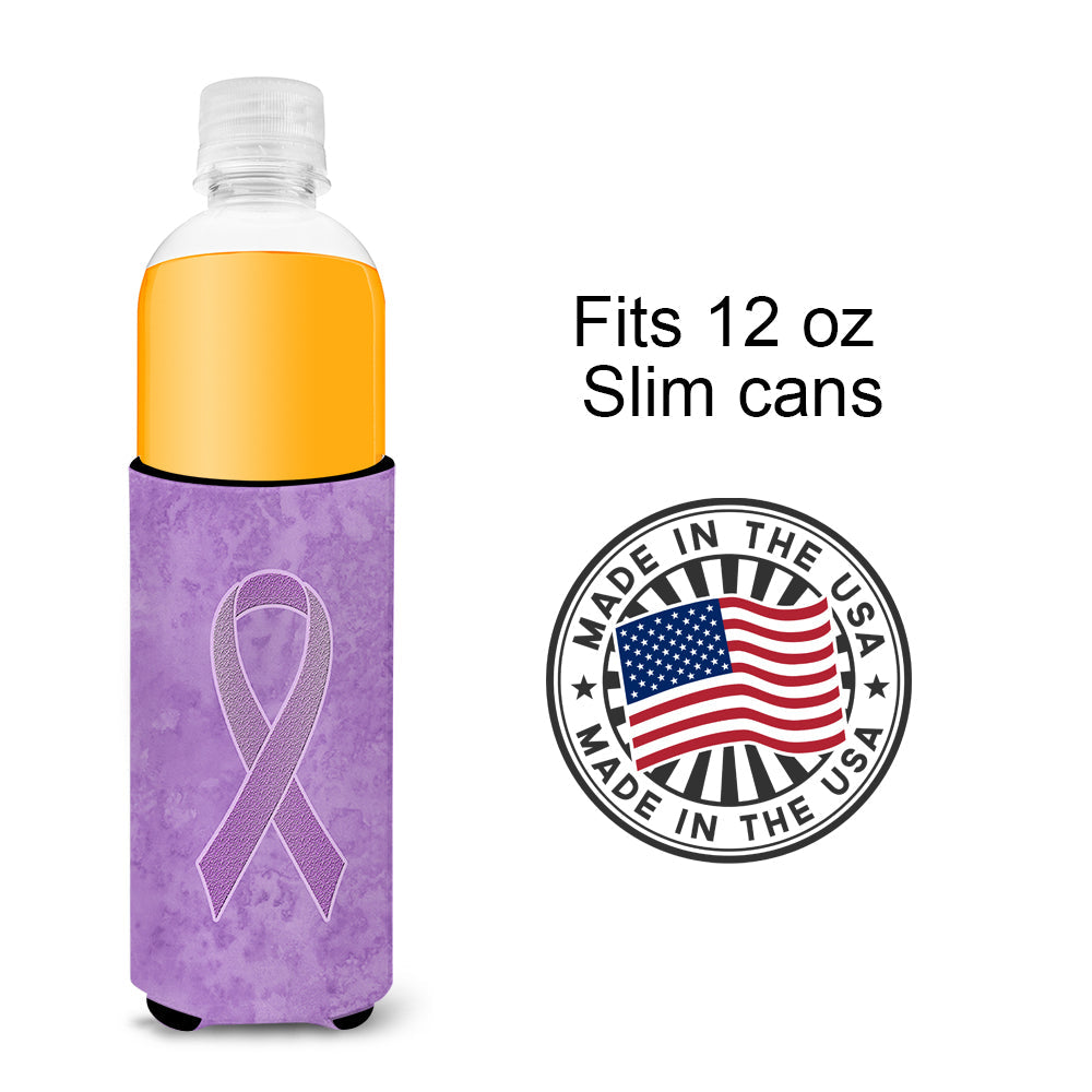 Lavender Ribbon for All Cancer Awareness Slim Can Hugger , Insulated Foam Hugger for 12 oz Slim Cans, Beer Bottles & Water Bottles, Printed in USA