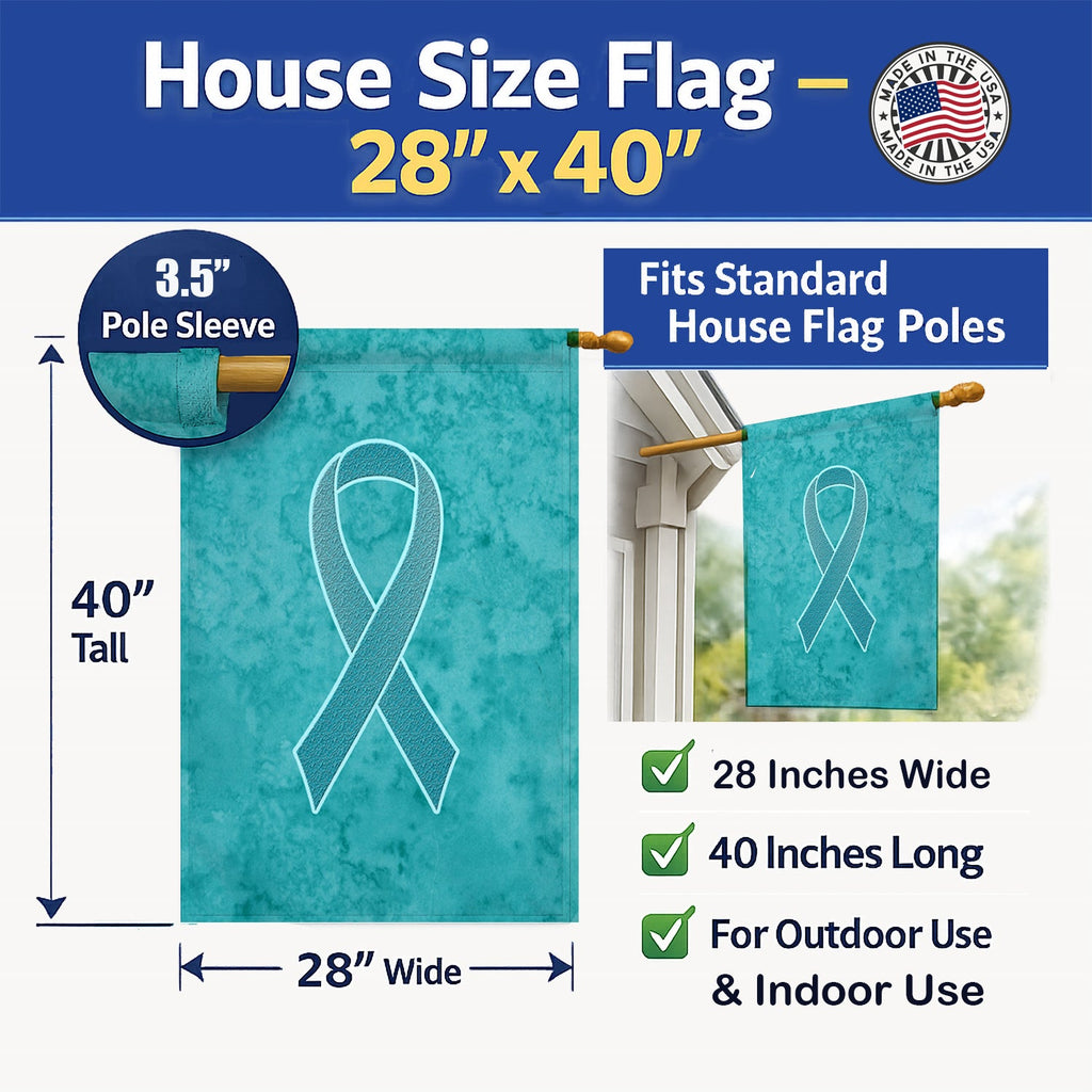 Teal Ribbon for Ovarian Cancer Awareness House Flag 28x40 Porch Sleeve Pole Decorative Outside Yard Banner Artwork Wall Hanging, Polyester