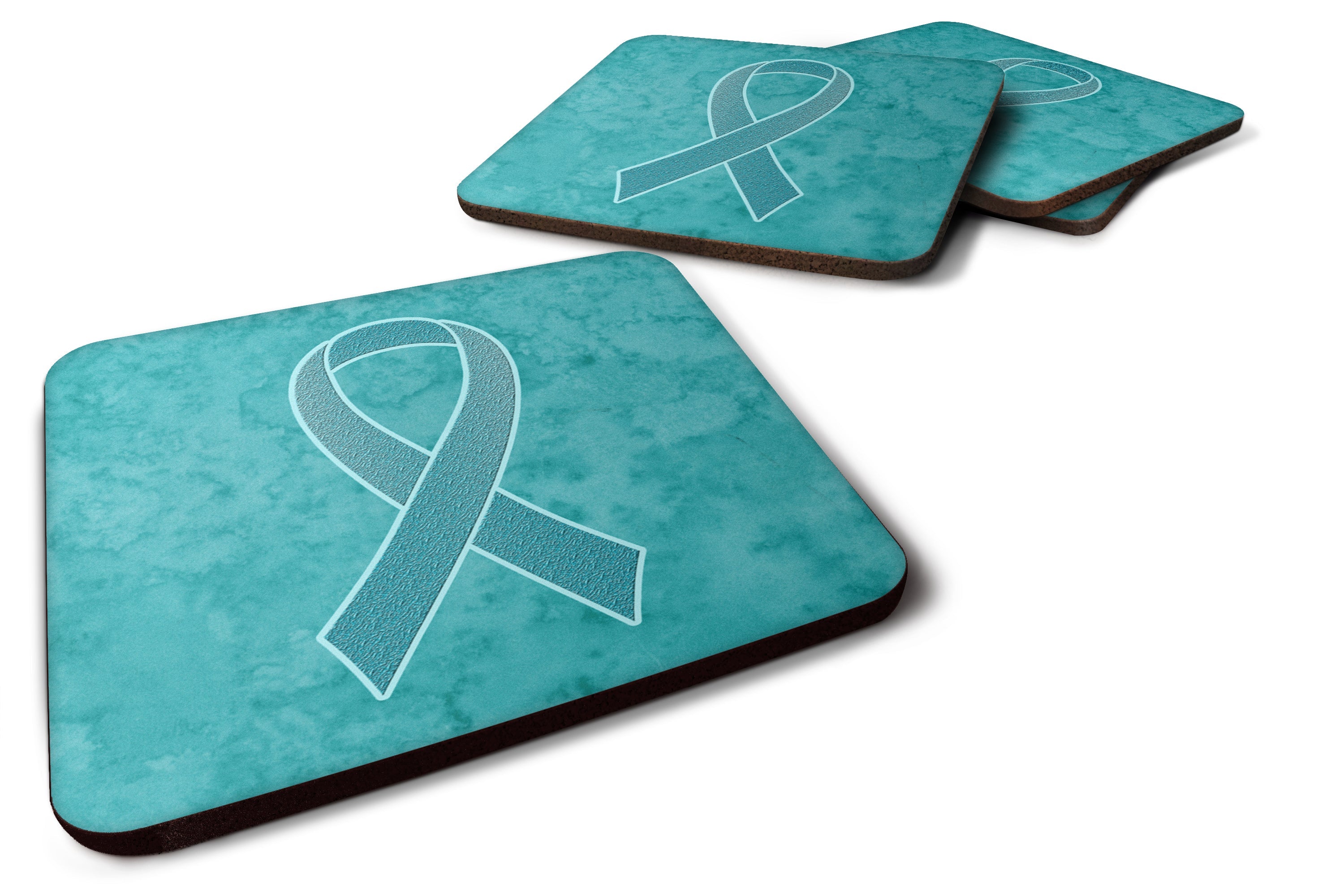Teal Ribbon for Ovarian Cancer Awareness Foam Coasters Set of 4 Cup Coasters for Indoor Outdoor, Tabletop Protection, Anti Slip, Mouse pad Material