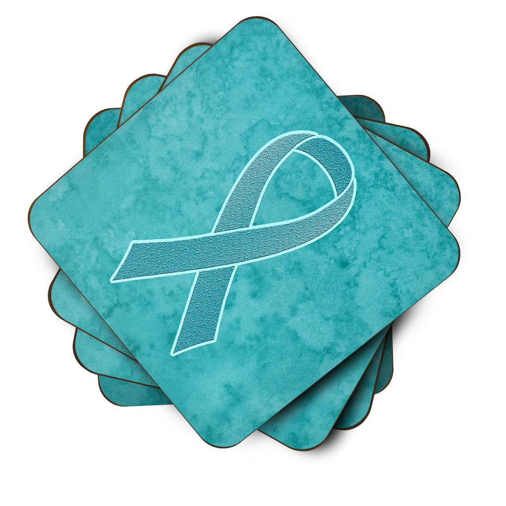 Teal Ribbon for Ovarian Cancer Awareness Foam Coasters Set of 4 Cup Coasters for Indoor Outdoor, Tabletop Protection, Anti Slip, Mouse pad Material